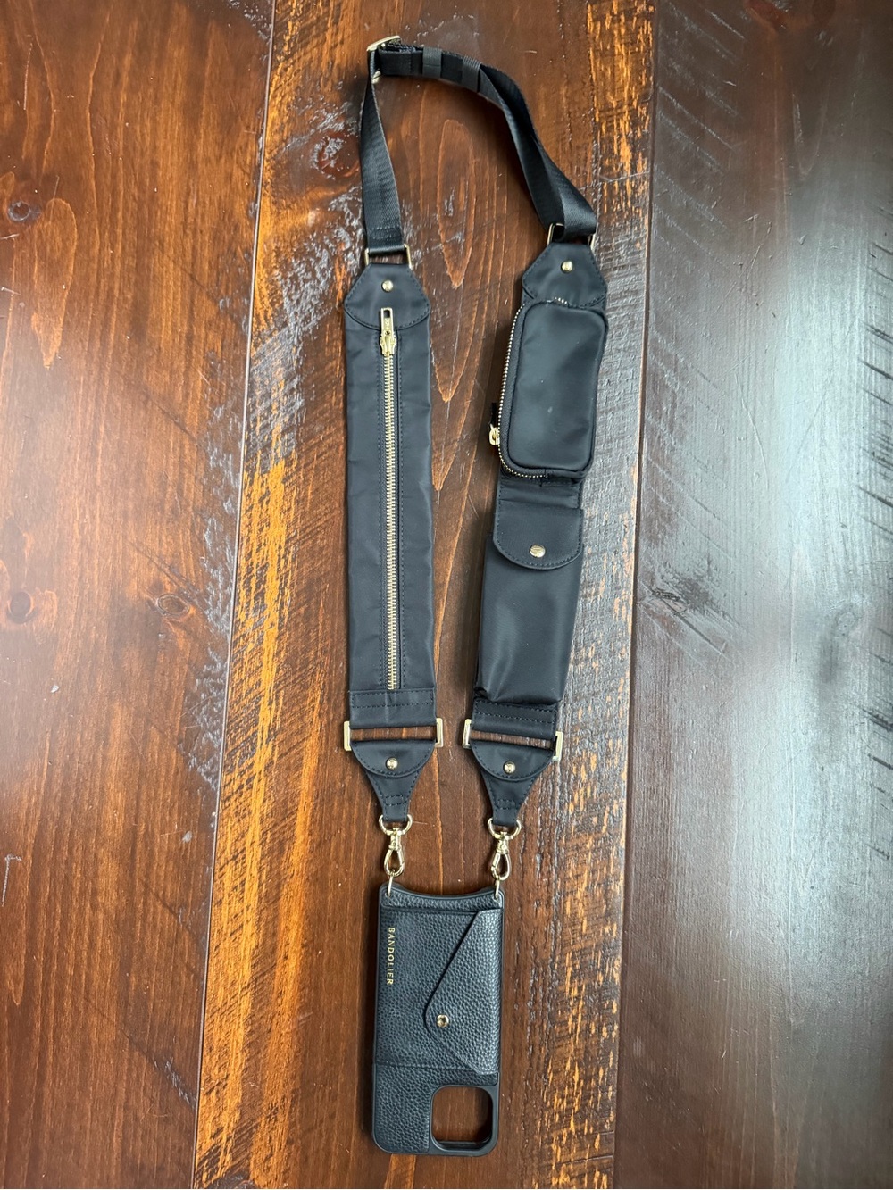 Bandolier Black Crossbody Phone Strap with Gold Hardware for iPhone 13 Pro Max